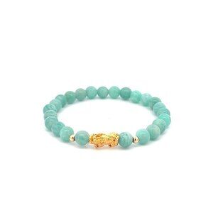 18K Gold Dragon Pixiu Piyao Lucky Charm Beads Bracelet Gemstones Amazonite Peru